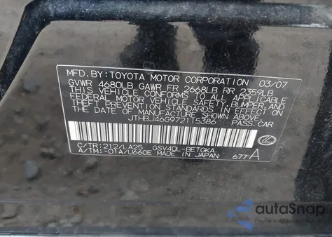 2007 Lexus Es 350 z USA, uszkodzony, nr VIN JTHBJ46G972115386